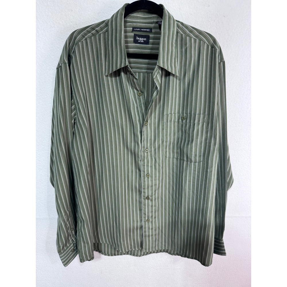 Haggar XL Green Striped Button Up Men's Luxury Microfiber Long Sleeve Shirt